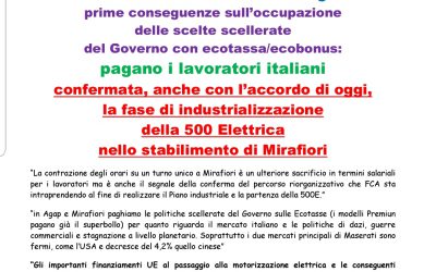 FCA: TURNO UNICO A MIRAFIORI E GRUGLIASCO