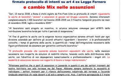 LEONARDO: FIRMATO PROTOCOLLO DI INTENTI CON NUOVE ASSUNZIONI